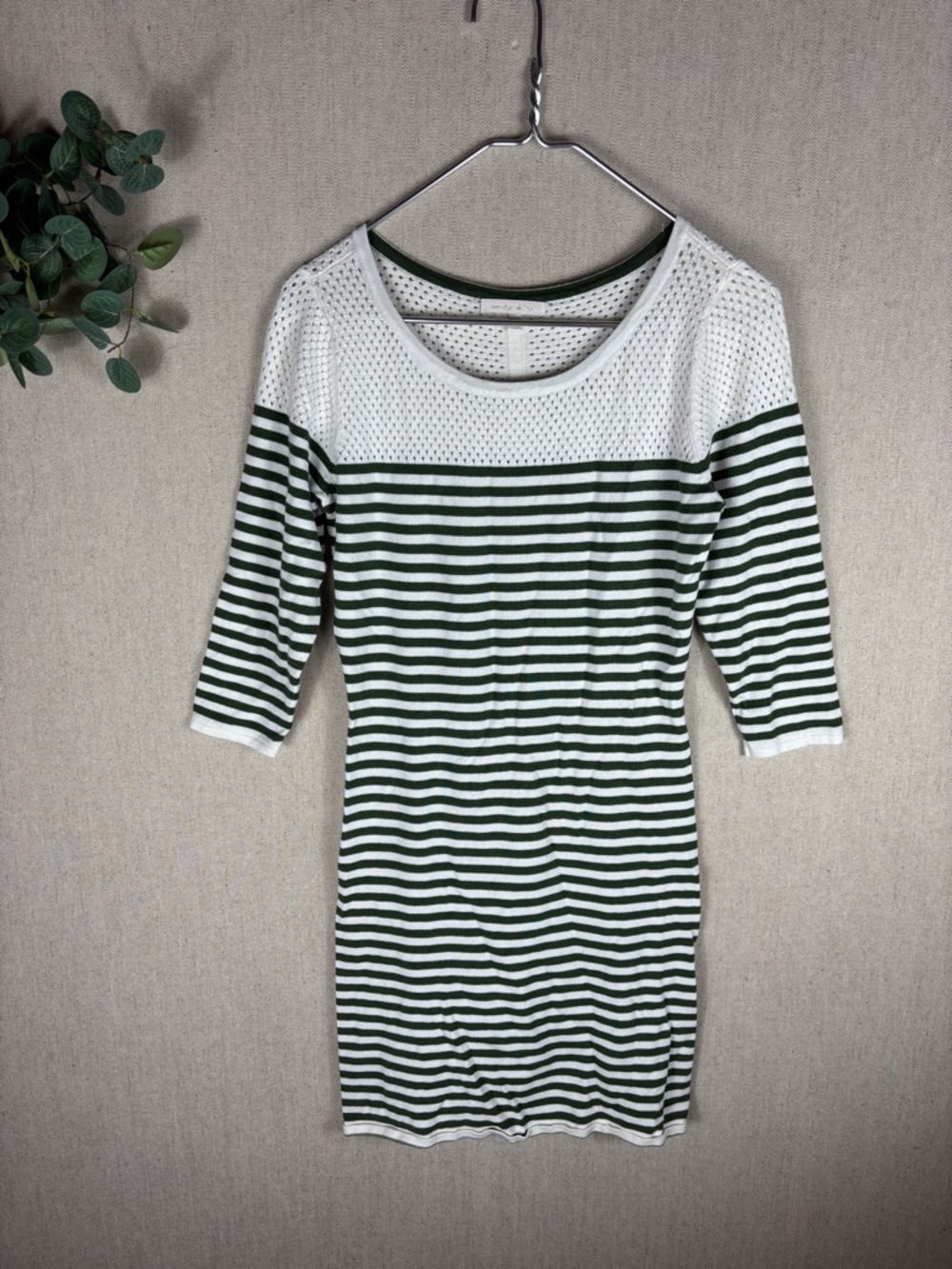 Anthropologie > Striped Knit Dress Quarter Sleeves Green and White Small
